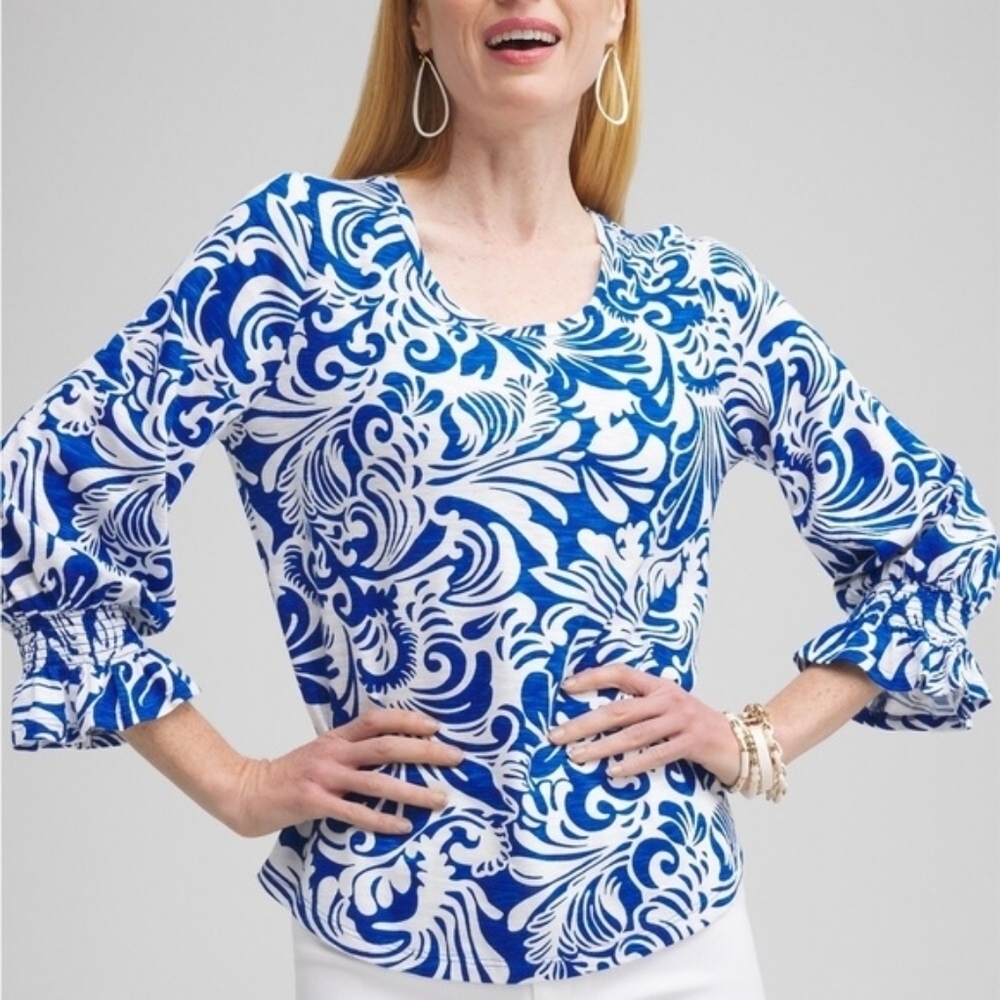 Chico's NWT Cotton Slub Scrolls Smocked Tee Intense Azure  3/4 Sleeve 4/XXL